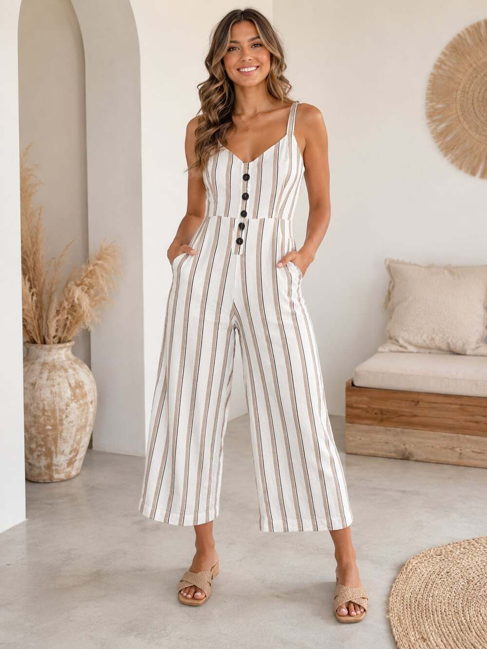 LUSH Striped Button Front Wide Leg Jumpsuit Open Back Bow Size M Beige Cream